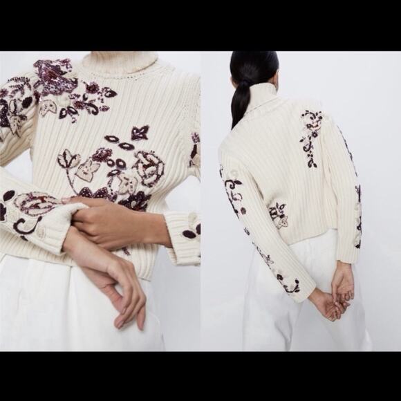 Zara Size M Sequin Turtleneck Sweater Limited Edition Embellished Embroidered - Picture 3 of 10